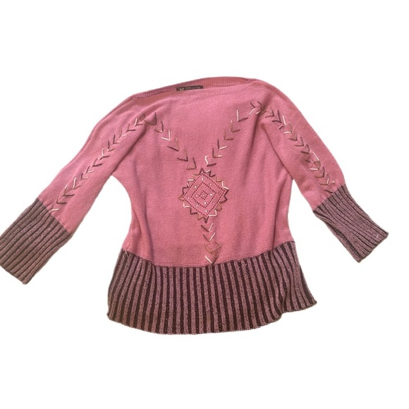 Sweaters - Pink and Brown Knit Sweater with Geometric Design